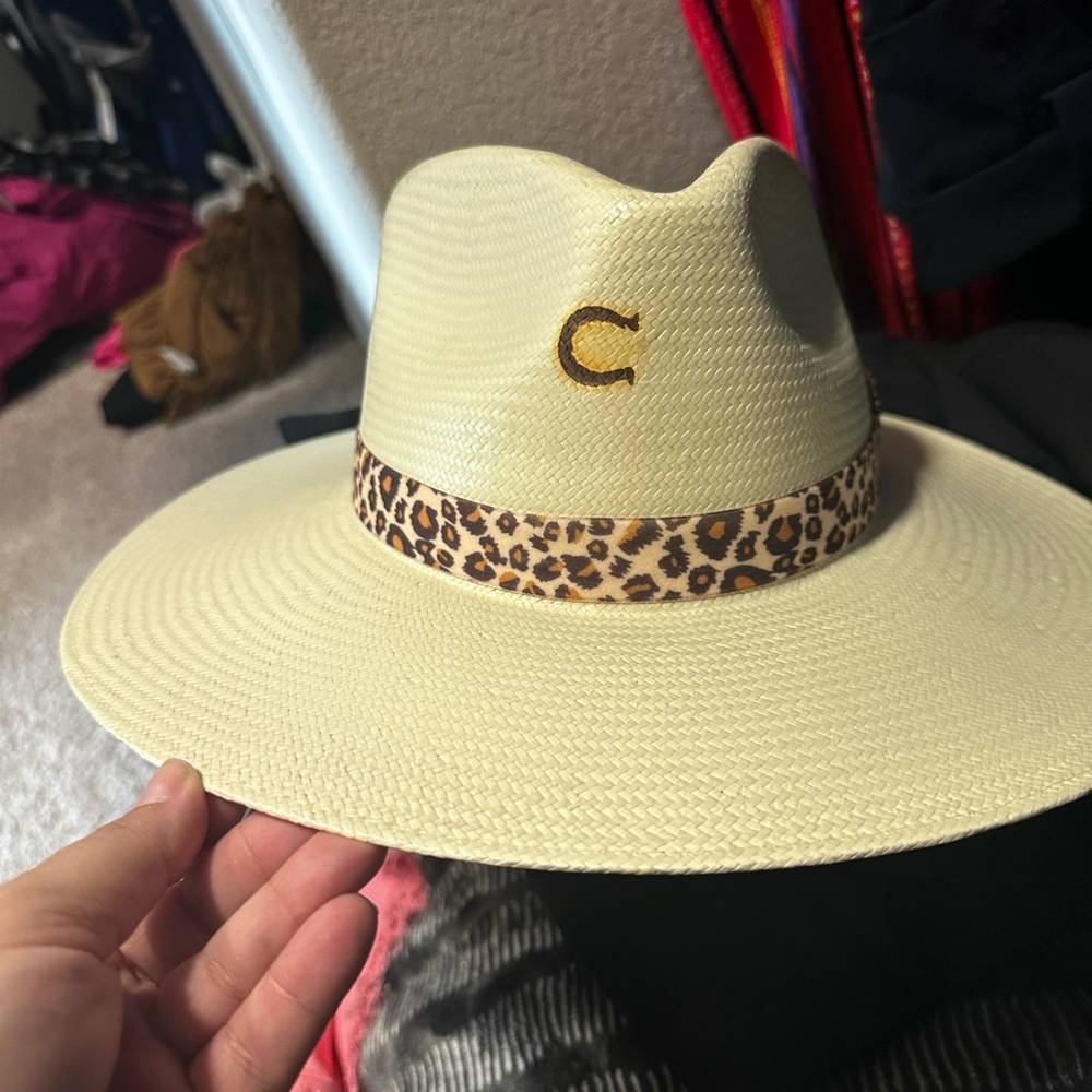Cream Wide Brim Hat with Leopard Band